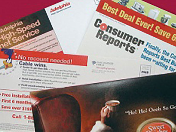 Four examples of printed direct mail pieces are shown. Our direct mail services include inline printing, die-cutting, perforation, gluing, variable data printing, and list management.
