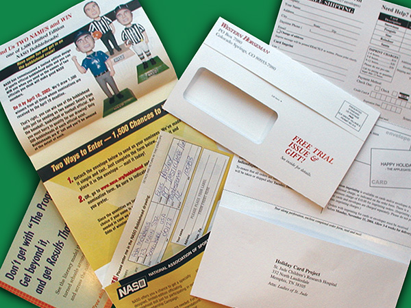 Four examples of printed self mailers are shown. Thanks to folding, gluing, perforation, and cutting done by our inline printer, your direct mail piece is a message and envelope in one. Save time and money with a printed self mailer.
