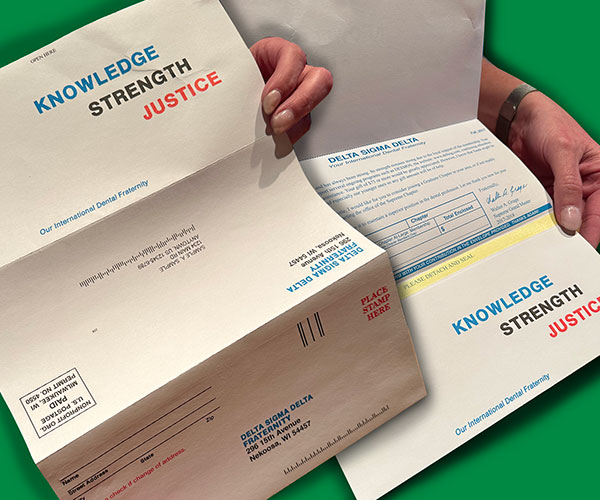 An example folded letter-size self mailer is displayed. A pair of women's hands can be seen holding the self mailer so the printed inside and outside can be seen.