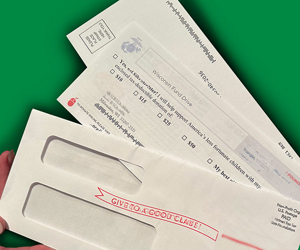 An example letter in envelope is displayed. Peeking out of the envelope are a donation slip and return envelope.