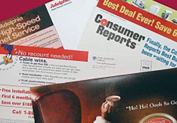 Four examples of printed direct mail pieces are shown. Our direct mail services include inline printing, die-cutting, perforation, gluing, variable data printing, and list management.